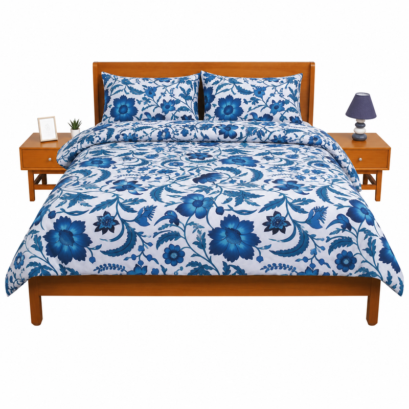 Double Comforter White with Blue Flora
