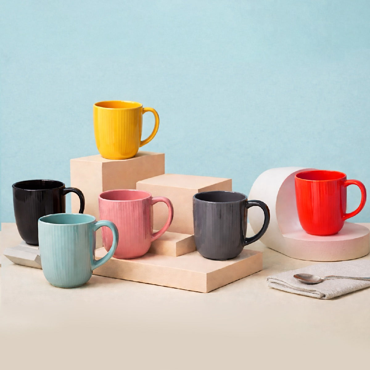 Pack of 6 Assorted Ceramic Ribbed Mug Set – Colorful Tea & Coffee Cups Collection