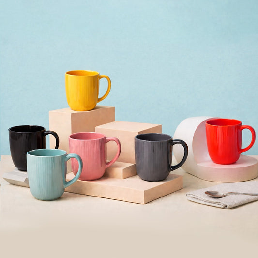 Pack of 6 Assorted Ceramic Ribbed Mug Set – Colorful Tea & Coffee Cups Collection