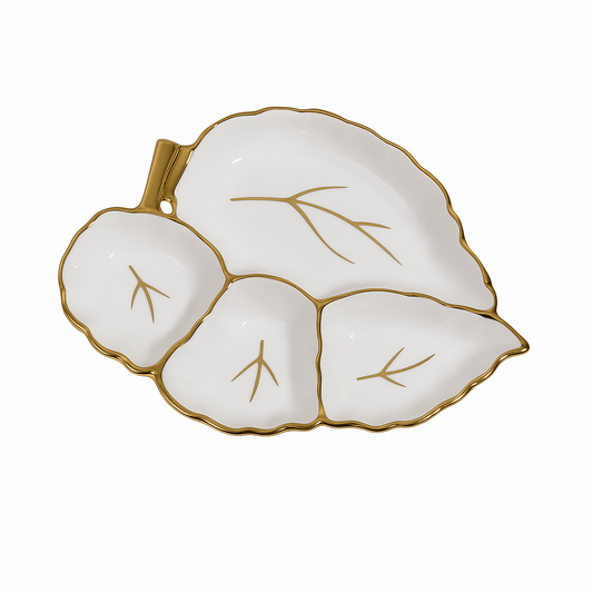 Elegant Four Portion Leaf – White Ceramic Sectioned Platter with Gold Detailing