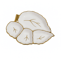 Elegant Four Portion Leaf – White Ceramic Sectioned Platter with Gold Detailing