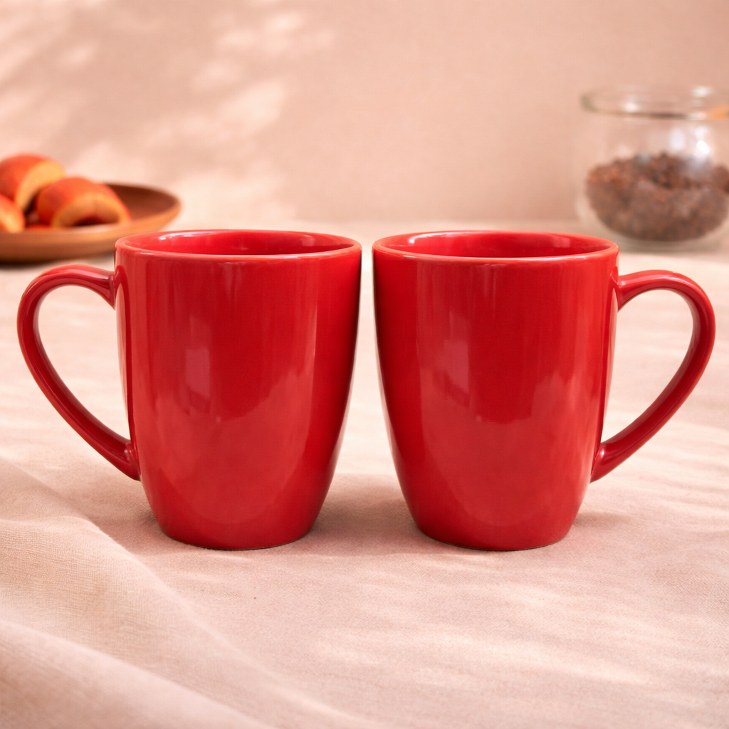 Pack of 2 Red Ceramic Coffee Mugs| Glossy Finish Tea Cups for Everyday Use - Habitt