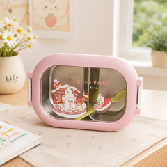 FRESH 2 Compartment Stainless Steel Lunch Box with Spoon | Leakproof Bento Lunch Box for School, Office & Travel | Pink, Blue & Green
