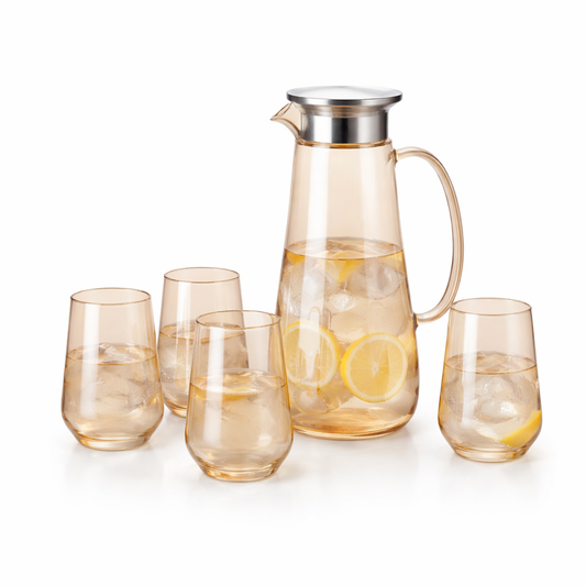 7-Piece Glass Water Set with Jug, Lid &glasses Elegant Amber Serving Set