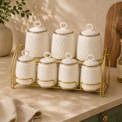 7 Pcs Canister Set with Ceramic Lid 2946 – White Textured Kitchen Storage Jars