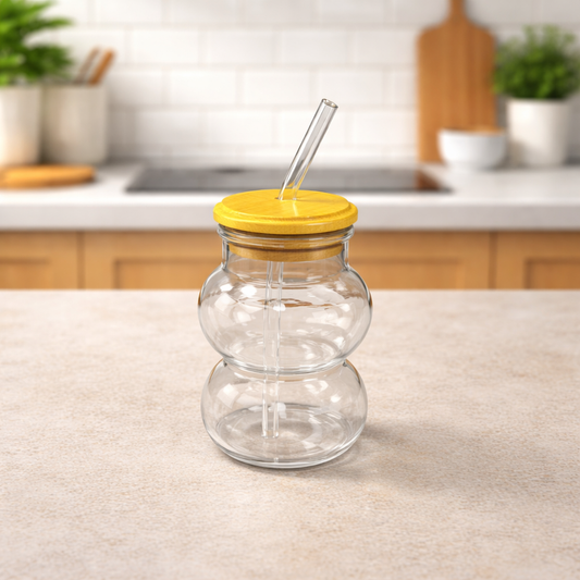 Straw Glass – Modern Curved Mini Tumbler with Bamboo Lid & Reusable Straw - Habitt