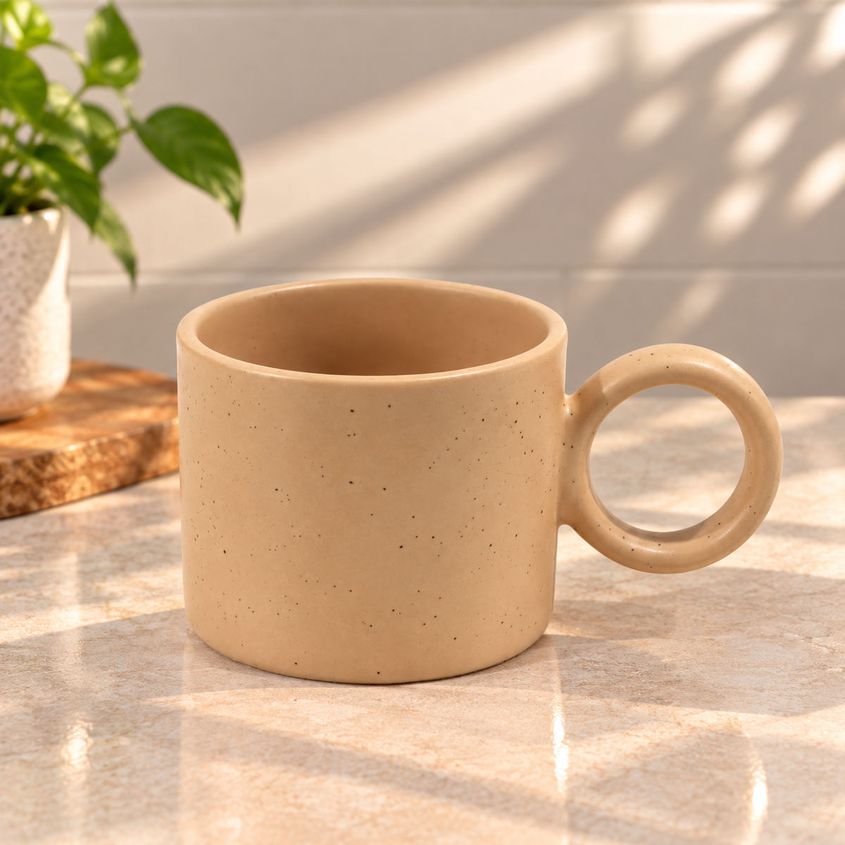 Beige Ceramic Mug with Round Handle – 450ml Minimalist Speckled Coffee & Tea Mug
