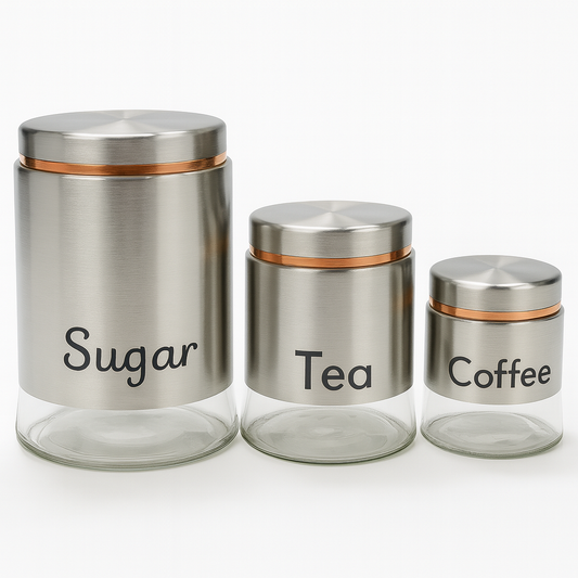 3-Piece Glass Jar Set with Golden Line – Tea, Coffee & Sugar Containers