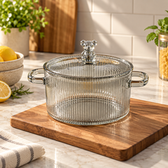 Ribbed Glass Cooking Pot with Lid & Side Handles