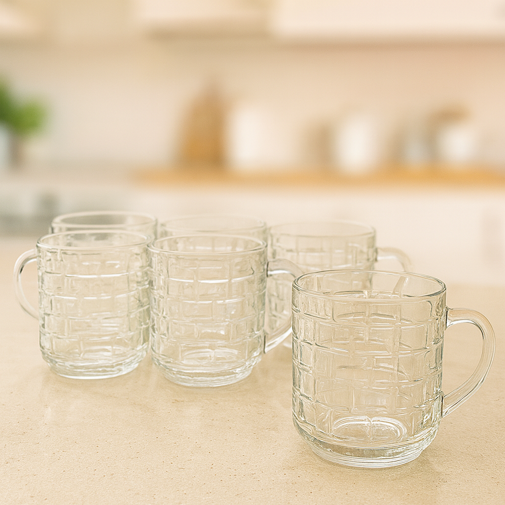 Textured Clear Glass Mug 240 ml – Premium Hot Beverage Mug (6 Pcs)