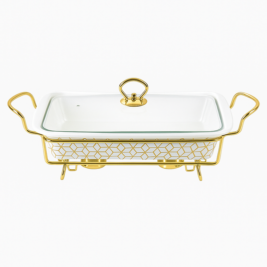 Premium 13" Ceramic Casserole With Gold Metal Stand – Elegant Serving & Warming Dish