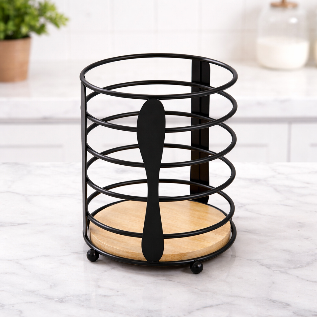Modern Black Spoon Stand – Metal Cutlery Holder with Wooden Base - Habitt