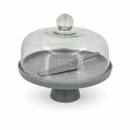 Elegant Gray Cake Dish with Glass Cover – Modern Pedestal Cake Display Set