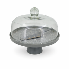 Elegant Gray Cake Dish with Glass Cover – Modern Pedestal Cake Display Set