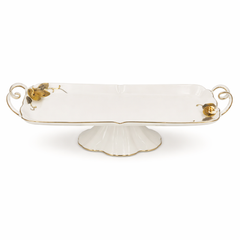 Luxury White & Gold Decorative Serving Tray with Pedestal Base – Floral Handle Accent