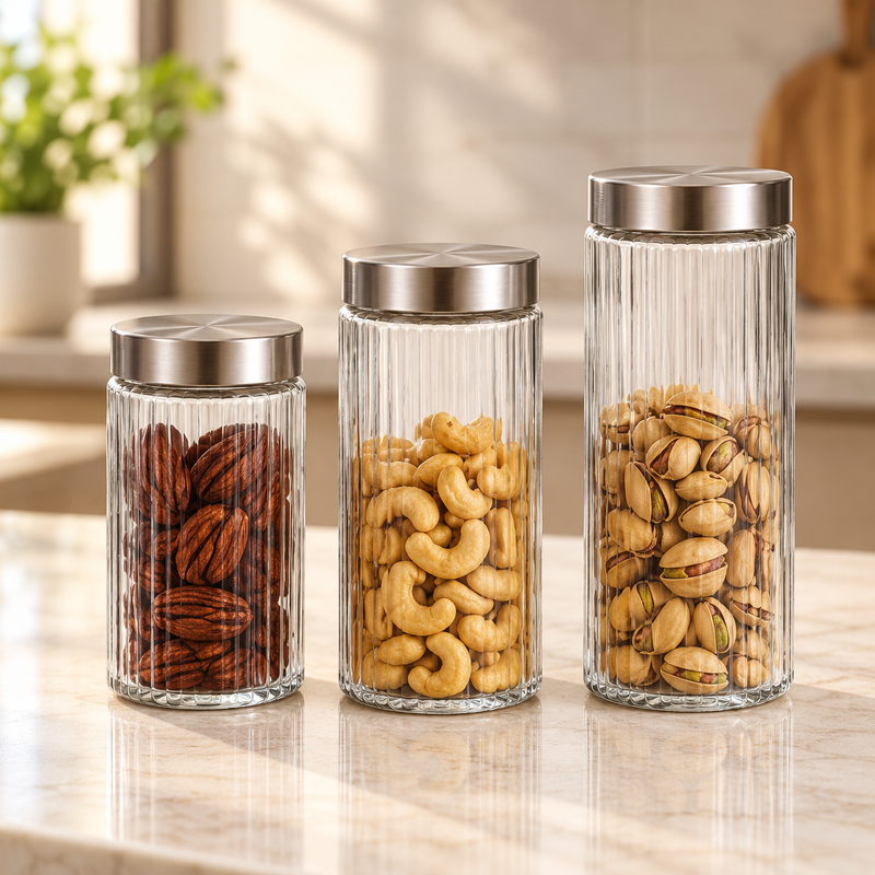 3-Piece Glass Storage Jar Set with Stainless Steel Lids – 1.22L, 1.64L & 1.85L