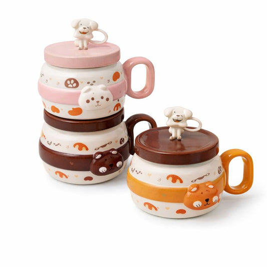 Ceramics Cartoon Mug with Straw – Cute Animal Design Cup in Pink, Yellow & Brown