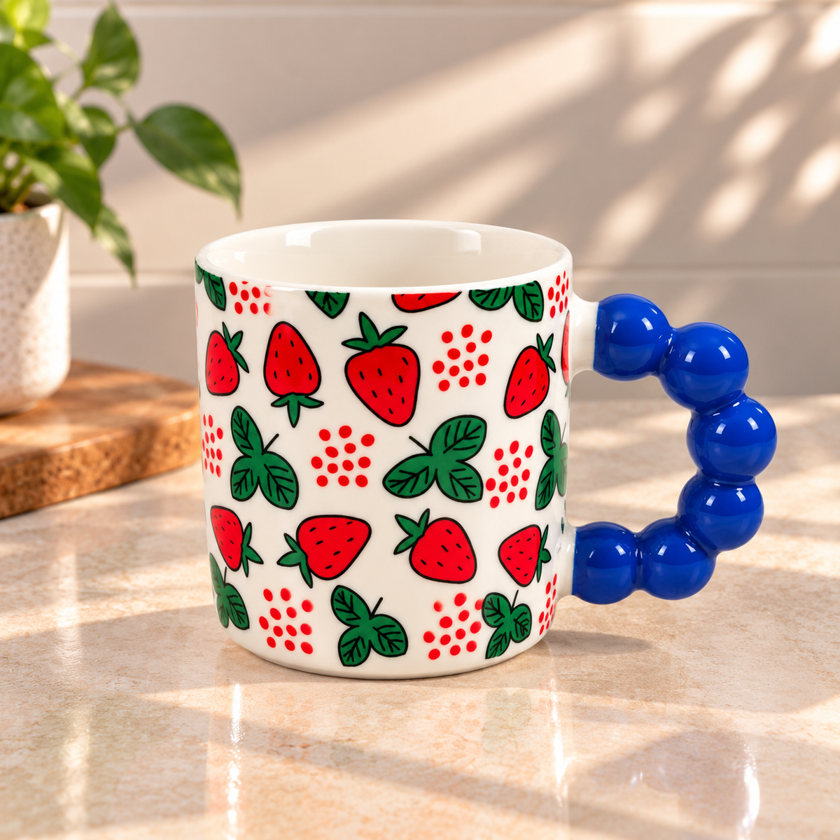Cute Fruit Print Ceramic Coffee Mug with Beaded Handle – Colourful Tea & Coffee Cup