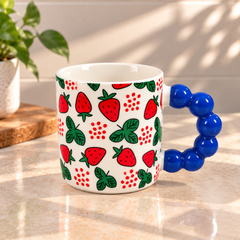 Cute Fruit Print Ceramic Coffee Mug with Beaded Handle – Colourful Tea & Coffee Cup