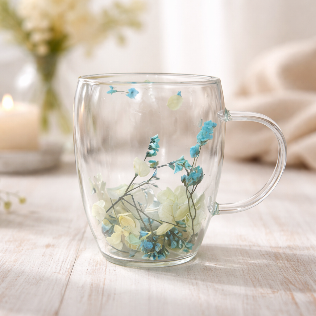 Flower Double Wall Glass Mug – Blue Sea Floral Aesthetic Cup - Habitt