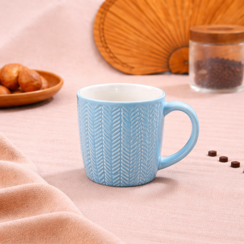 Textured Blue Coffee Mug – Stylish Ceramic Tea & Coffee Cup with Embossed Pattern - Habitt