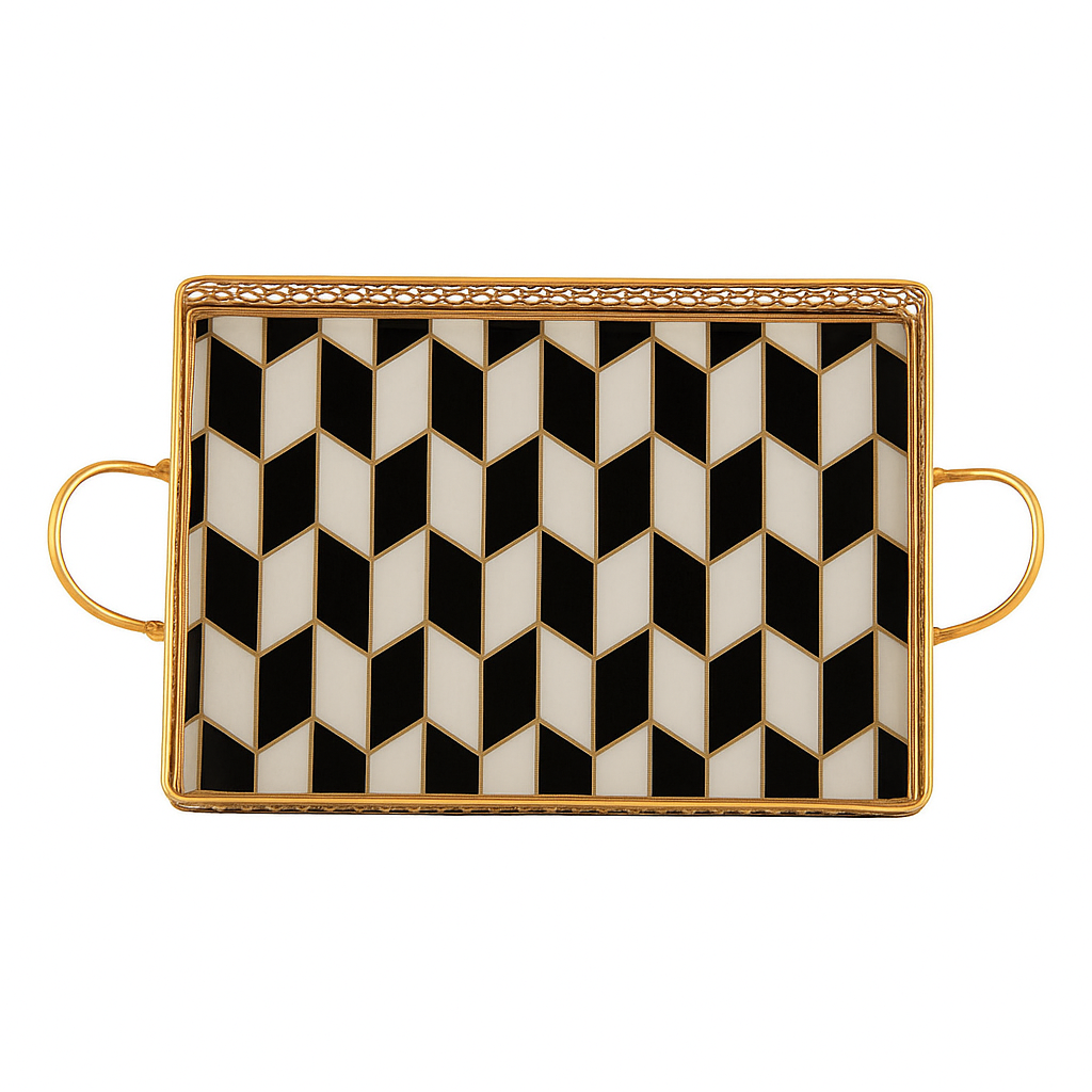 Geometric Mirror Tray Set of 2 – Black & White with Gold Frame | Decorative Serving Tray