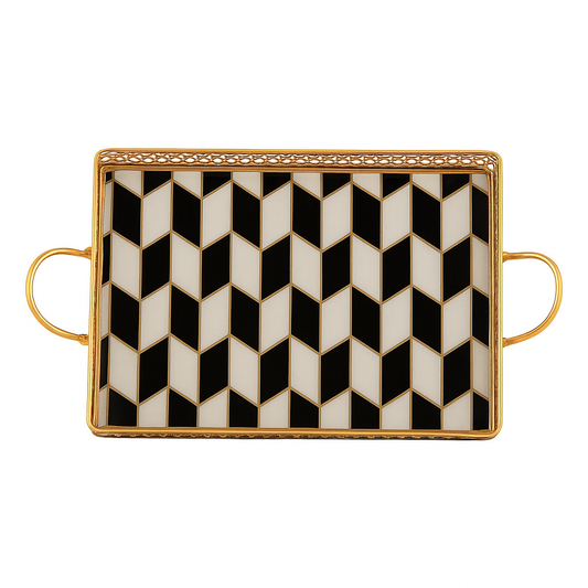 Geometric Mirror Tray Set of 2 – Black & White with Gold Frame | Decorative Serving Tray