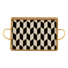 Geometric Mirror Tray Set of 2 – Black & White with Gold Frame | Decorative Serving Tray
