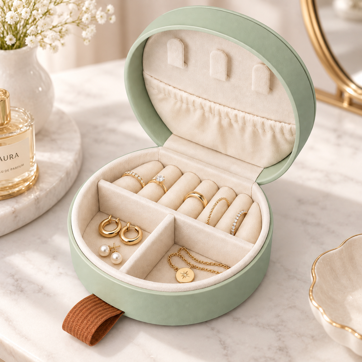 Portable Mini Jewelry Box – Light Green | Compact Travel Jewelry Organ