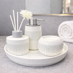 4-Piece Bathroom Accessories Set with Tray – White Line Design Soap Dispenser, Toothbrush Holder & Storage Jar - Habitt