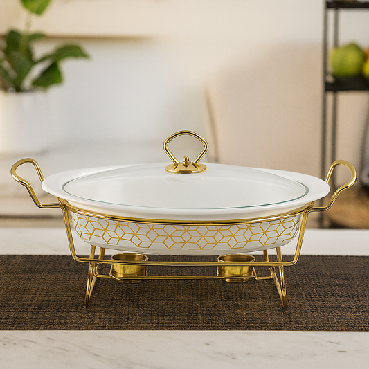 Luxury 15" Ceramic Casserole With Gold Metal Stand – Large Serving & Warming Dish