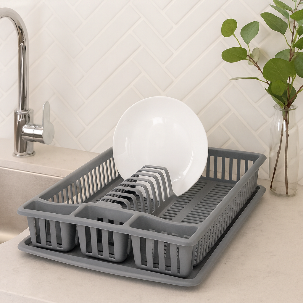 Dish Rack & Strainer – Compact Drying Rack with Cutlery Holder (Grey & Blue)