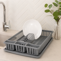 Dish Rack & Strainer – Compact Drying Rack with Cutlery Holder (Grey & Blue)