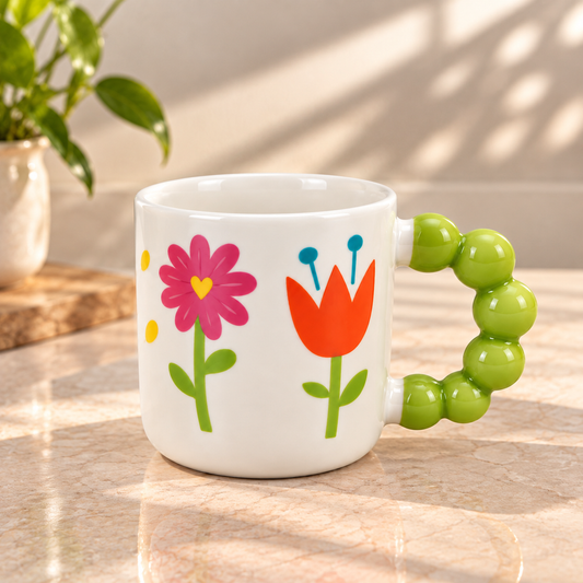 Colourful Floral Bubble Handle Ceramic Mug