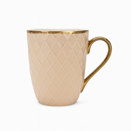 Textured Beige Ceramic Mug with Gold Handle – Elegant Coffee &amp; Tea Cup