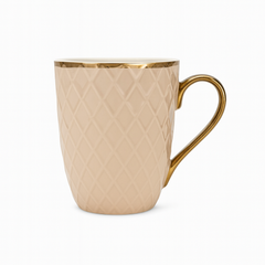 Textured Beige Ceramic Mug with Gold Handle – Elegant Coffee &amp; Tea Cup