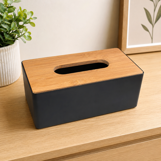 Premium Bamboo Wooden Tissue Box Holder with Black Base | Modern Tissue Paper Storage Box for Home, Office, Bathroom & Car Décor