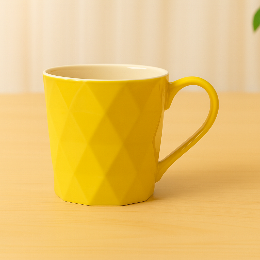Geometric Yellow Ceramic Mug – Diamond Embossed Modern Coffee & Tea Cup