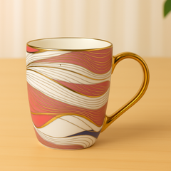 Elegant Gold Handle Ceramic Mug – Abstract Pink and White Swirl Coffee Cup