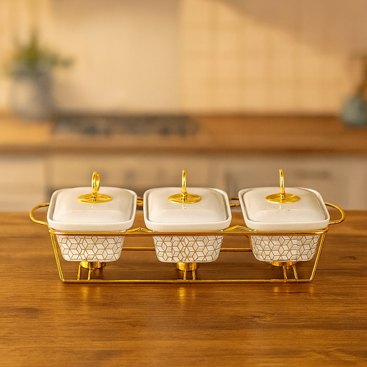 3-Pcs 9" Rectangular Ceramic Casserole Set With Gold Stand & Hanging Glass Lids