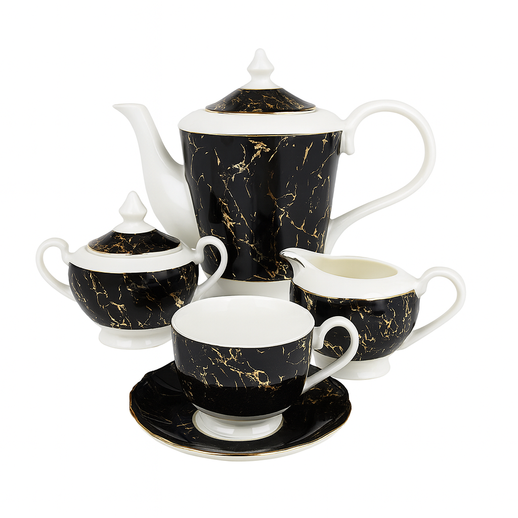 Luxury 15 Pcs Solecasa Coffee Set – Black Marble Porcelain Tea &amp; Coffee Service
