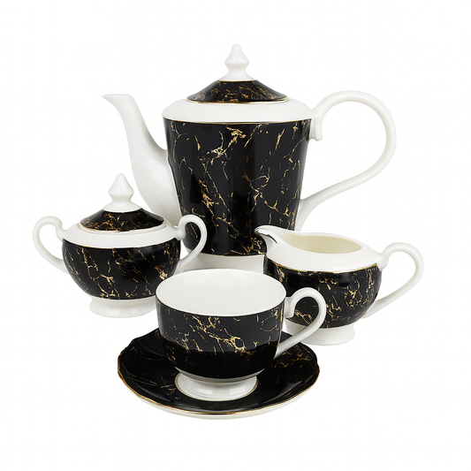 Luxury 15 Pcs Solecasa Coffee Set – Black Marble Porcelain Tea &amp; Coffee Service