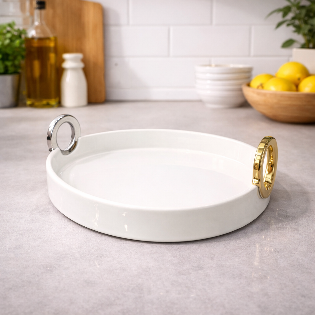 Oval Plate with Golden Handle – Elegant Serving Platter - Habitt