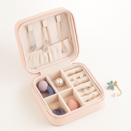 1Pc Elegant Travel Jewelry Box Organizer Pink – Compact PU Leather Storage Case for Earrings, Rings & Necklaces