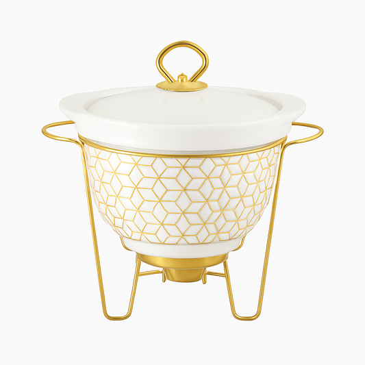 2.6L Deep Round Ceramic Casserole With Gold Stand – Elegant Serving & Warming Dish