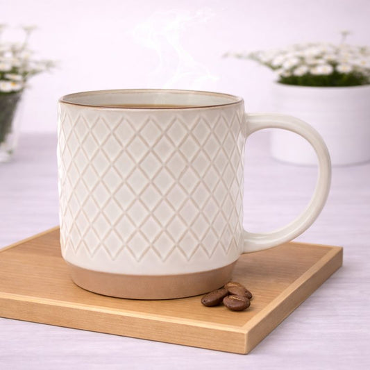 White Diamond-Textured Ceramic Mug 4 x 4 Inch | Elegant Coffee & Tea Mug with Natural Base