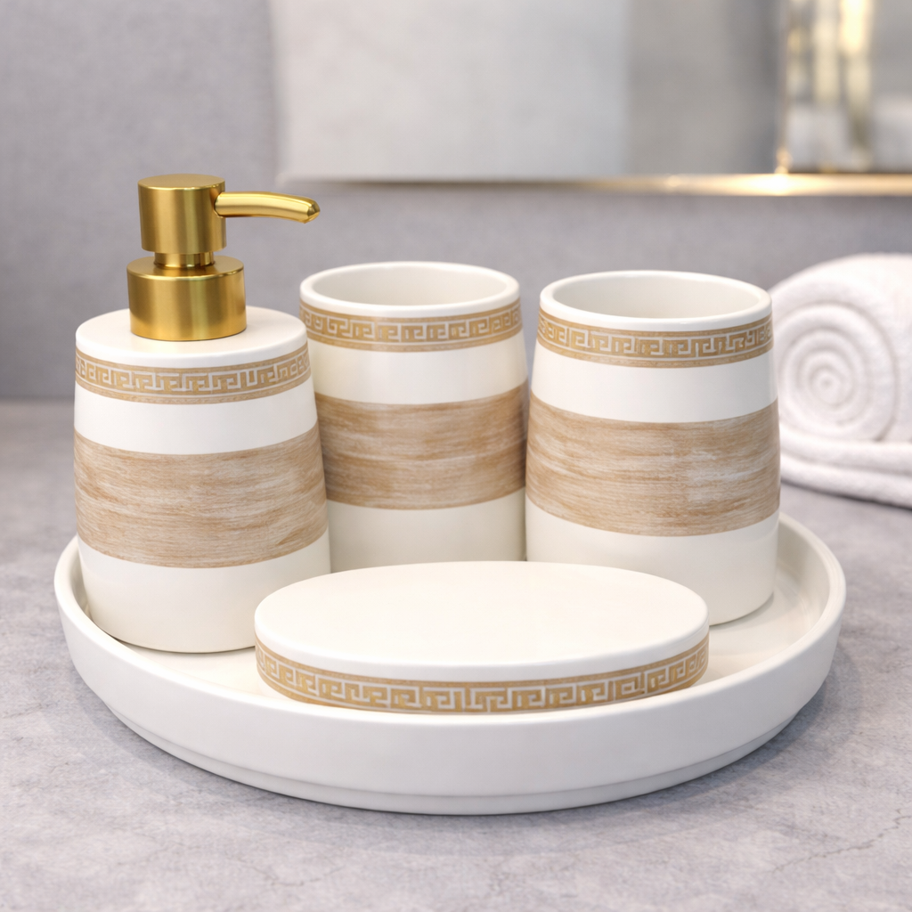 5-Piece Bathroom Accessories Set with Tray – White & Gold Design Soap Dispenser, Toothbrush Holders & Soap Dish - Habitt