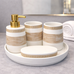 5-Piece Bathroom Accessories Set with Tray – White & Gold Design Soap Dispenser, Toothbrush Holders & Soap Dish - Habitt
