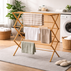 Bamboo Folding Towel Rack – 3-Tier Freestanding Collapsible Drying Stand (42.375” H x 29.25” W) - Habitt