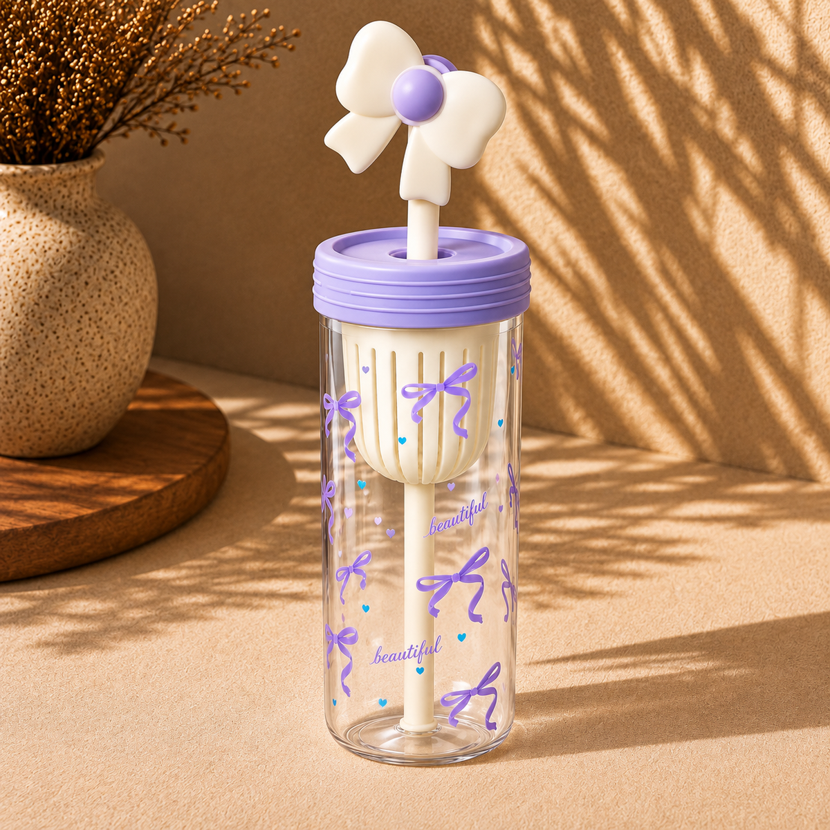 Cute Bow Design Water Bottle with Straw – Stylish Kids & Girls Drinking Bottle